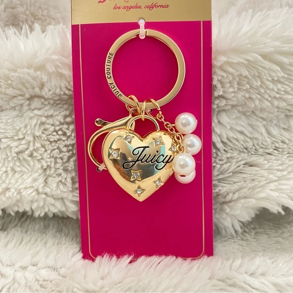 Juicy Couture Gold Heart Purse Keychain with Pearl Charms New